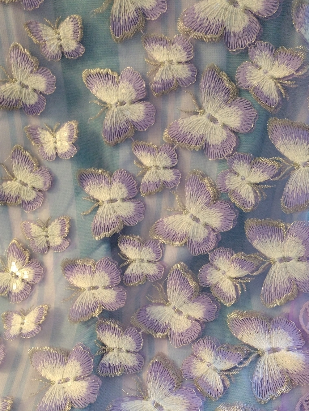 3D Embroidered Butterfly Sheer Fabric Purple and White 2 Plus Yards